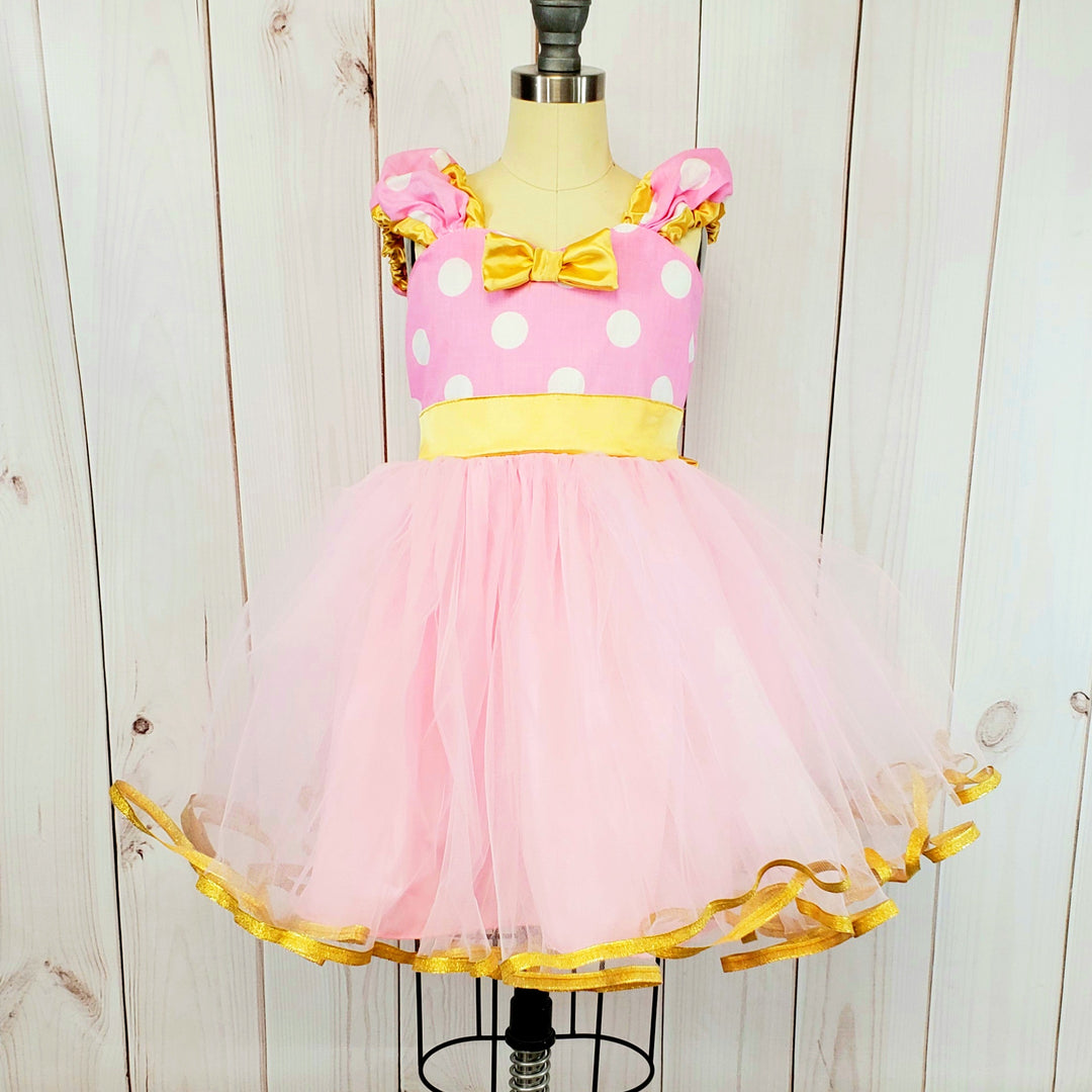 Pink and Gold Minnie Mouse Polka dot Dress with Tutu LoverDovers Pink and Gold Minnie Mouse Polka dot Dress with Tutu LoverDovers