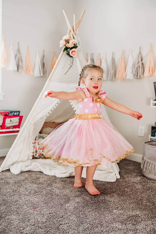Pink and Gold Minnie Mouse Polka dot Dress with Tutu LoverDovers Pink and Gold Minnie Mouse Polka dot Dress with Tutu LoverDovers