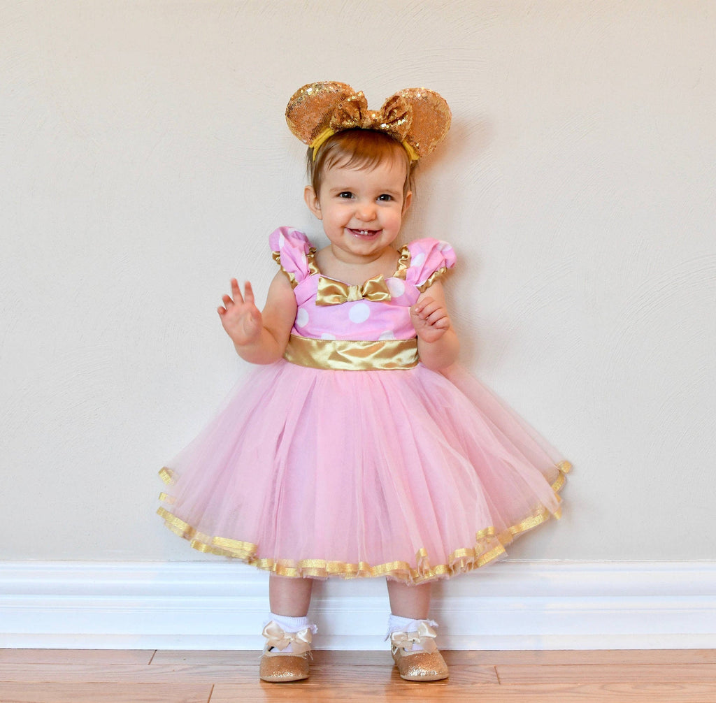 Pink and Gold Minnie Mouse Polka dot Dress with Tutu LoverDovers Pink and Gold Minnie Mouse Polka dot Dress with Tutu LoverDovers