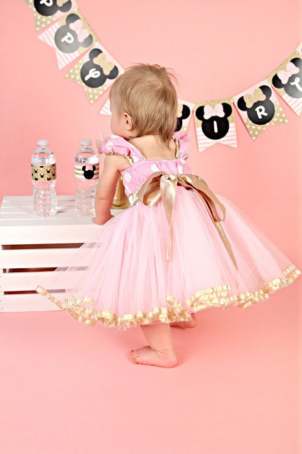 pink and gold minnie mouse tutu dress Minnie Mouse Pink Princess Tutu Dress Satin Ball Gown Gold Birthday Party Pageant Halloween Glitter Sparkles Celebration Cosplay Disney